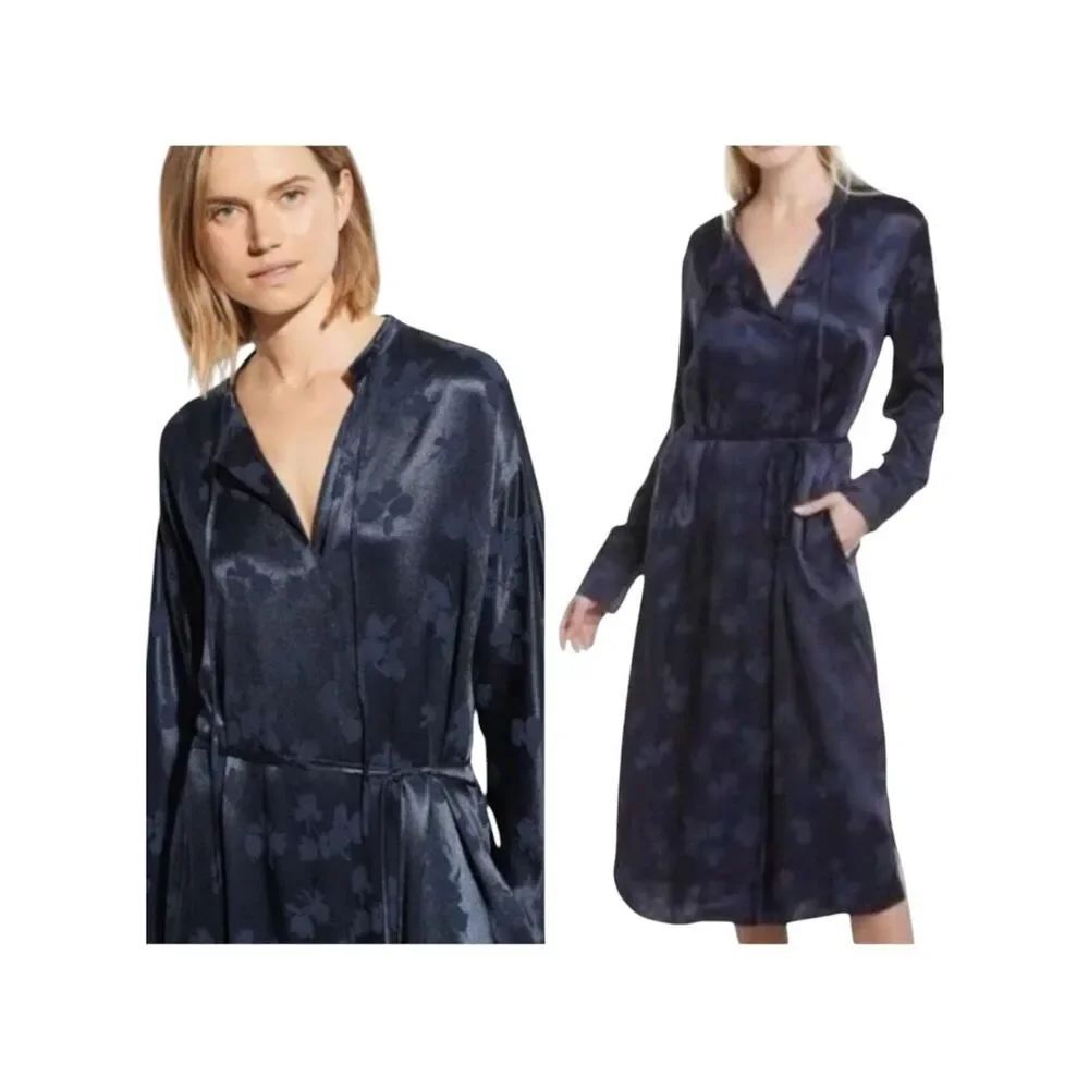 Vince Navy Blue Satin Floral Jacquard Midi Dress Tie Neck Pockets Small